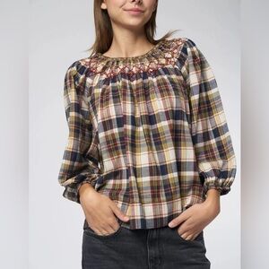 THE GREAT. Sea Glass Embroidered Cotton Blouse Country Plaid